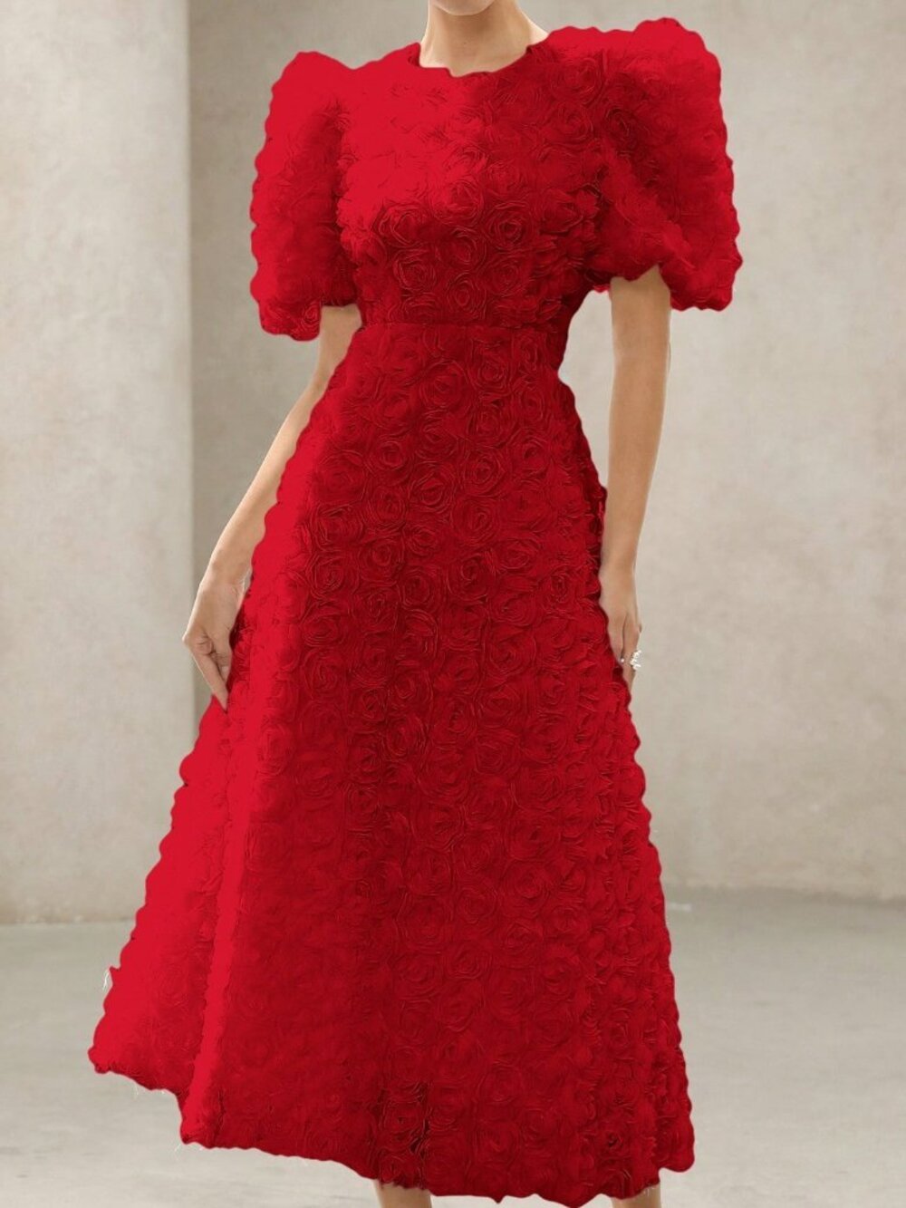 Red Elegant French Women's 3D Floral V-Neck Petal Sleeve Cinched Waist Dress - Picture 3 of 6